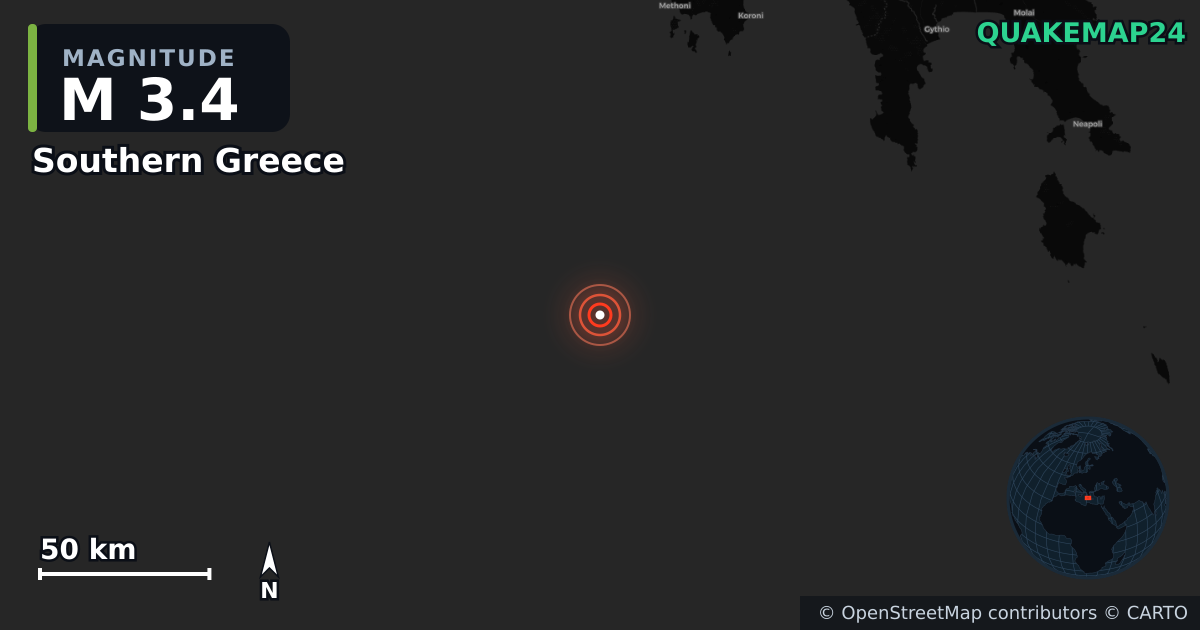 M3.4 earthquake near Southern Greece on Jun 19, 2026 — map of epicenter and shaking intensity | QuakeMap24