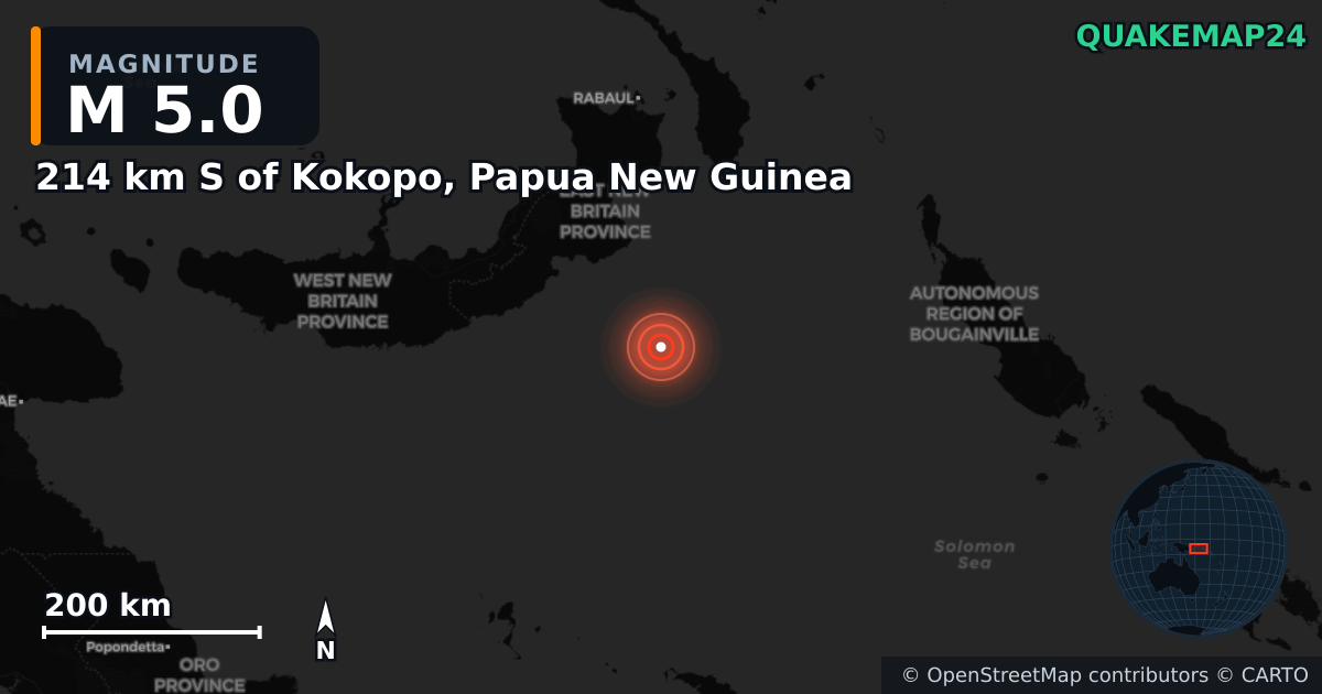 M5.0 earthquake near 214 km S of Kokopo, Papua New Guinea on Jan 3, 2026 — map of epicenter and shaking intensity | QuakeMap24