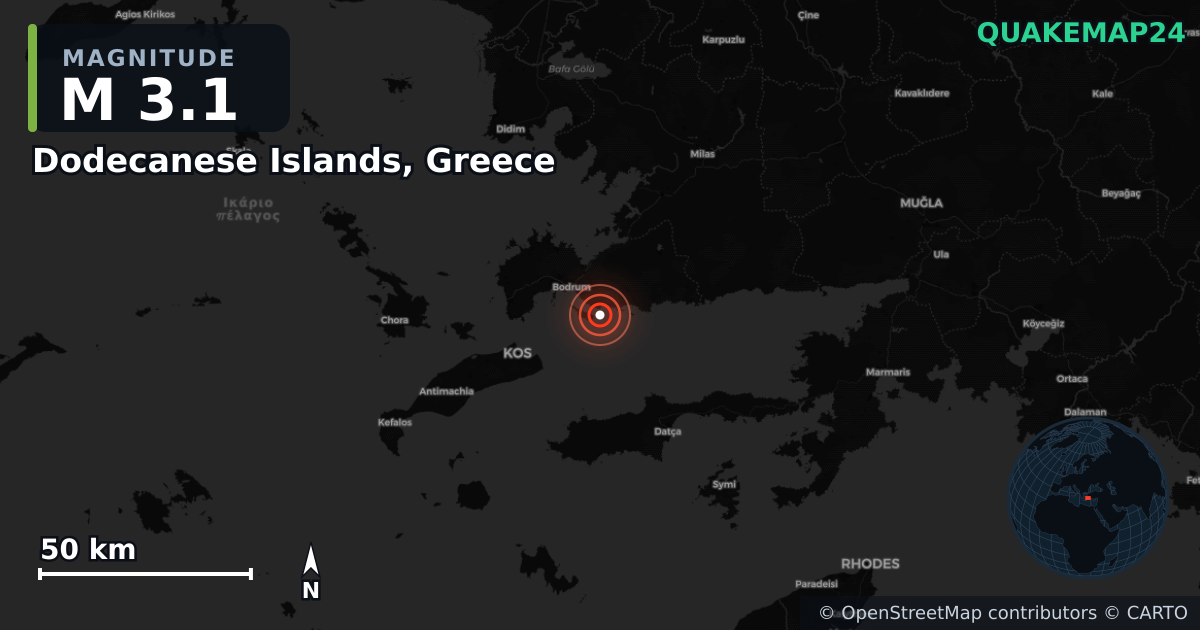 M3.1 earthquake near Dodecanese Islands, Greece on Sep 27, 2025 — map of epicenter and shaking intensity | QuakeMap24