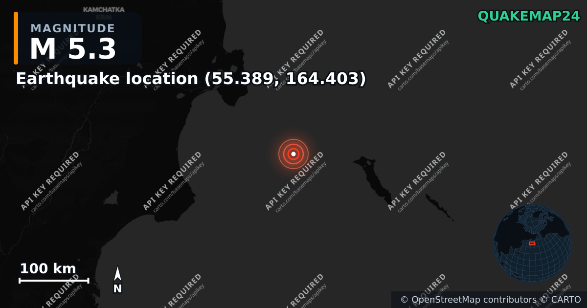 M5.3 earthquake near Erdbeben-Standort (55.389, 164.403) on Apr 18, 2025 — map of epicenter and shaking intensity | QuakeMap24