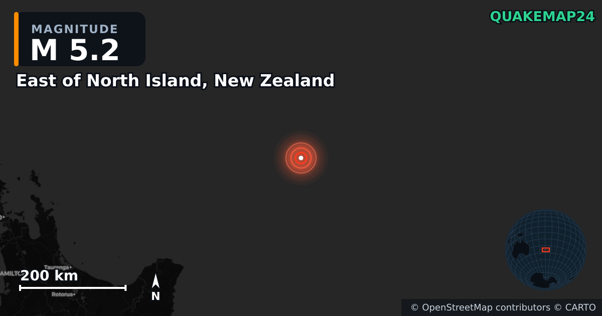 M5.2 earthquake near East of North Island, New Zealand on Oct 24, 2025 — map of epicenter and shaking intensity | QuakeMap24