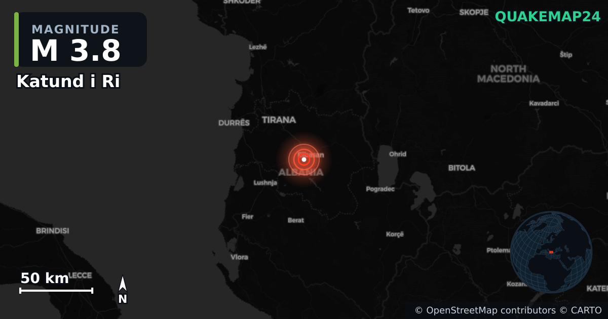 M3.8 earthquake near Katund i Ri on May 23, 2026 — map of epicenter and shaking intensity | QuakeMap24