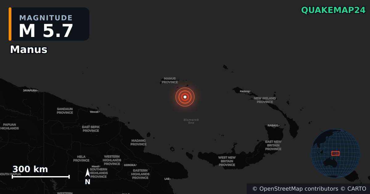 M5.7 earthquake near Manus on May 22, 2026 — map of epicenter and shaking intensity | QuakeMap24