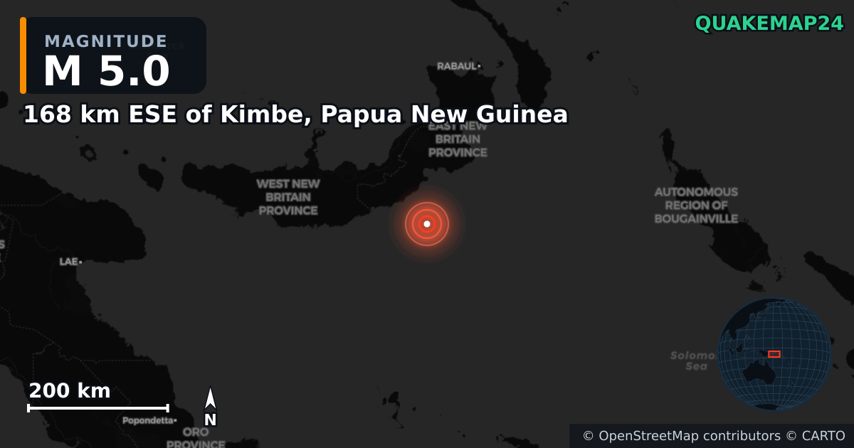 M5.0 earthquake near 168 km ESE of Kimbe, Papua New Guinea on Apr 4, 2025 — map of epicenter and shaking intensity | QuakeMap24