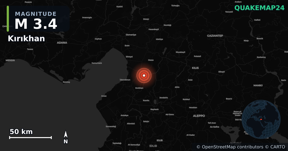 M3.4 earthquake near Kırıkhan on Jul 17, 2026 — map of epicenter and shaking intensity | QuakeMap24