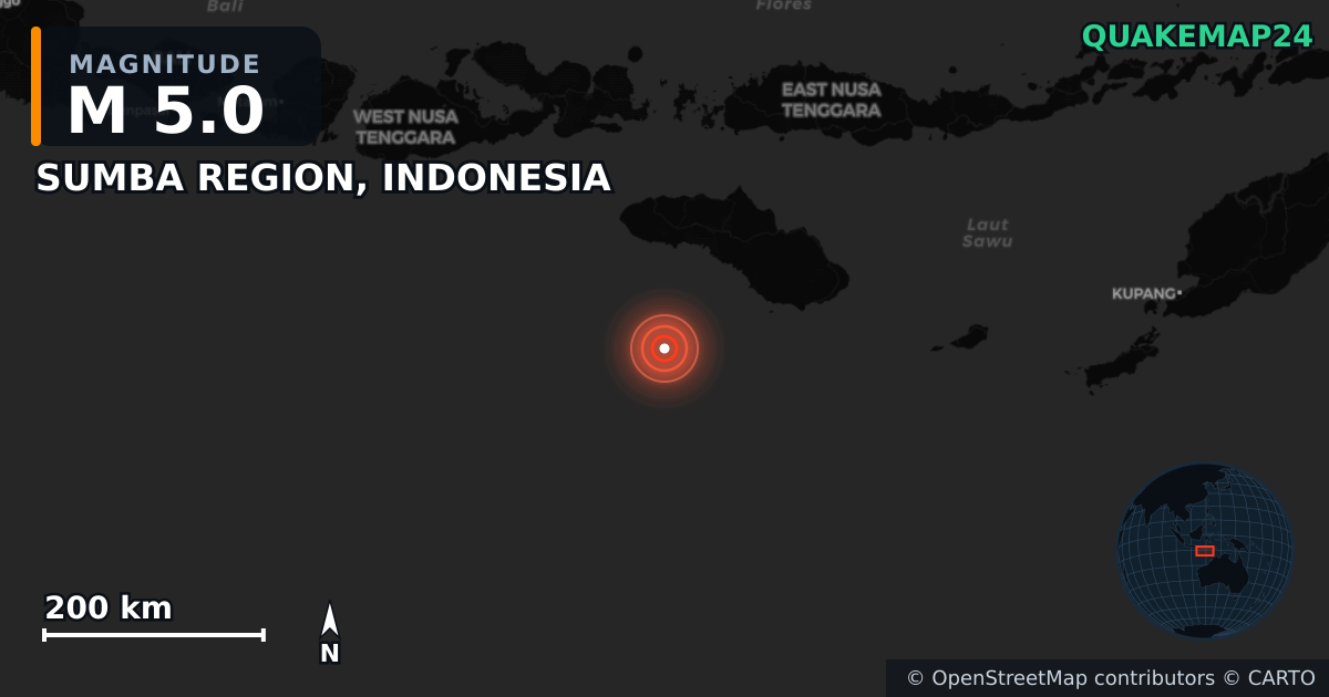 M5.0 earthquake near SUMBA REGION, INDONESIA on Dec 5, 2025 — map of epicenter and shaking intensity | QuakeMap24