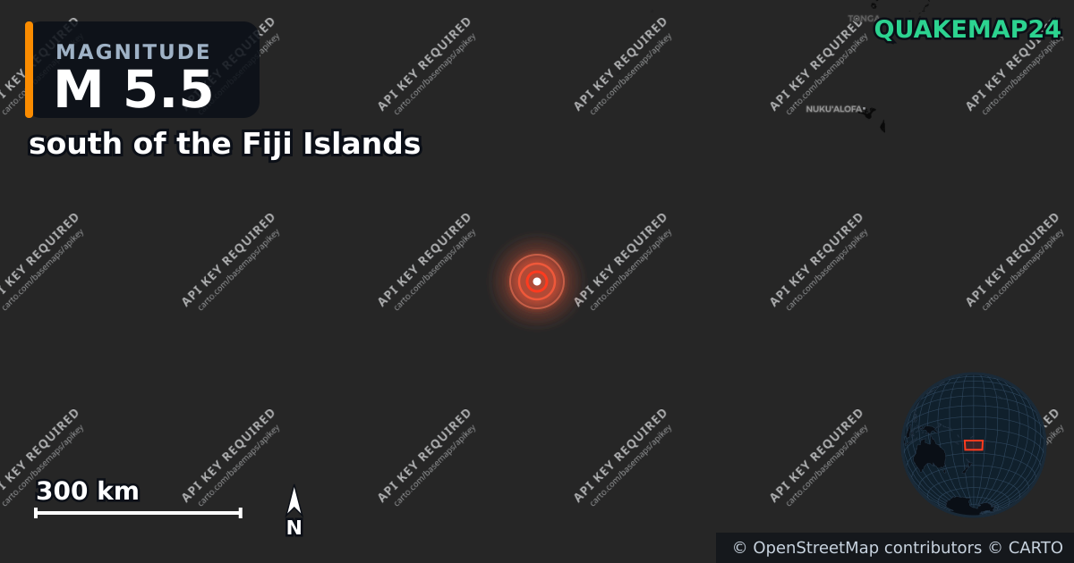 M5.5 earthquake near south of the Fiji Islands on Jan 7, 2026 — map of epicenter and shaking intensity | QuakeMap24