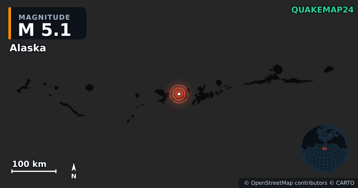 M5.1 earthquake near Alaska on Aug 5, 2025 — map of epicenter and shaking intensity | QuakeMap24