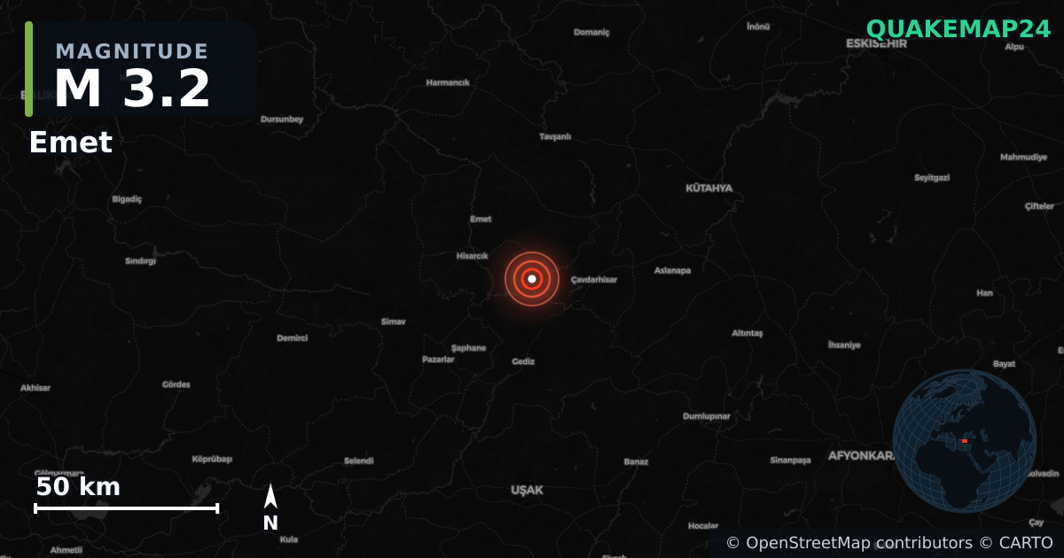 M3.2 earthquake near Emet on Oct 4, 2025 — map of epicenter and shaking intensity | QuakeMap24