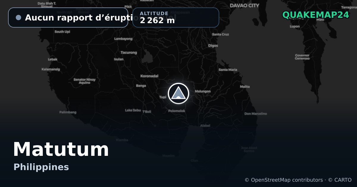 Matutum · Aucun rapport d’éruption actuel · 2 262 m